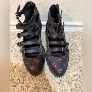 Black Strappy Shoes with Cherry Print